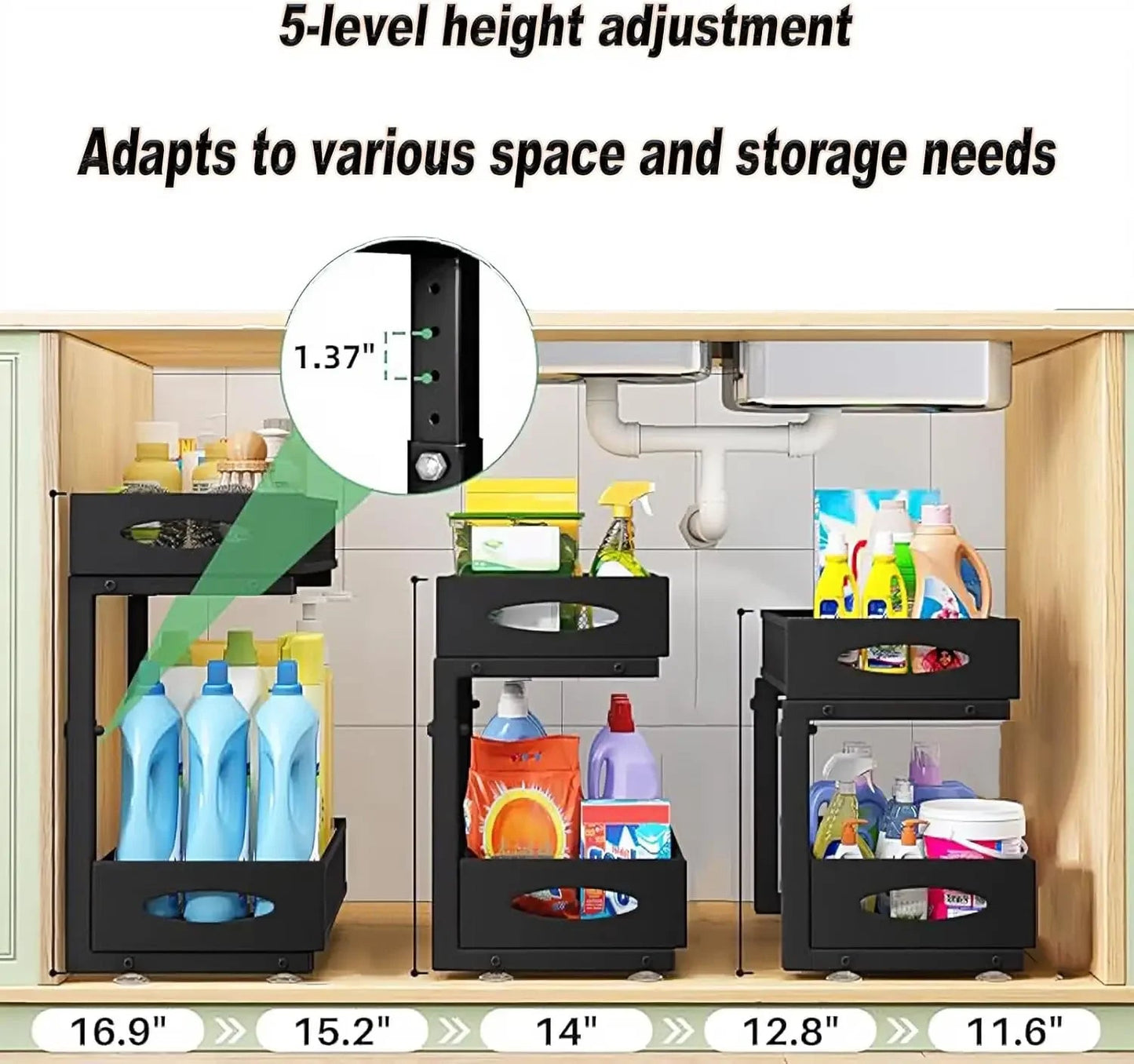 Estante Extensible de Acero para Cocina o Baño (29,5–43 cm) – 2 Niveles Deslizantes y Antióxido - Homanage