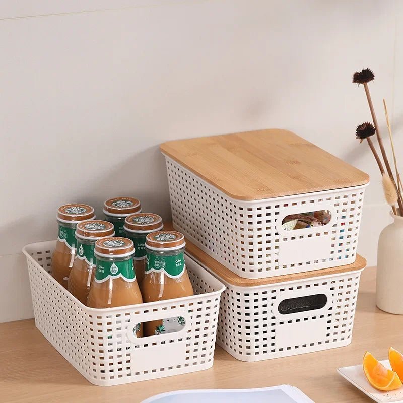 Set de 3 Cajas de Almacenaje con Tapa de Bambú – Plástico Reciclado, Apilables para Hogar y Oficina - Homanage