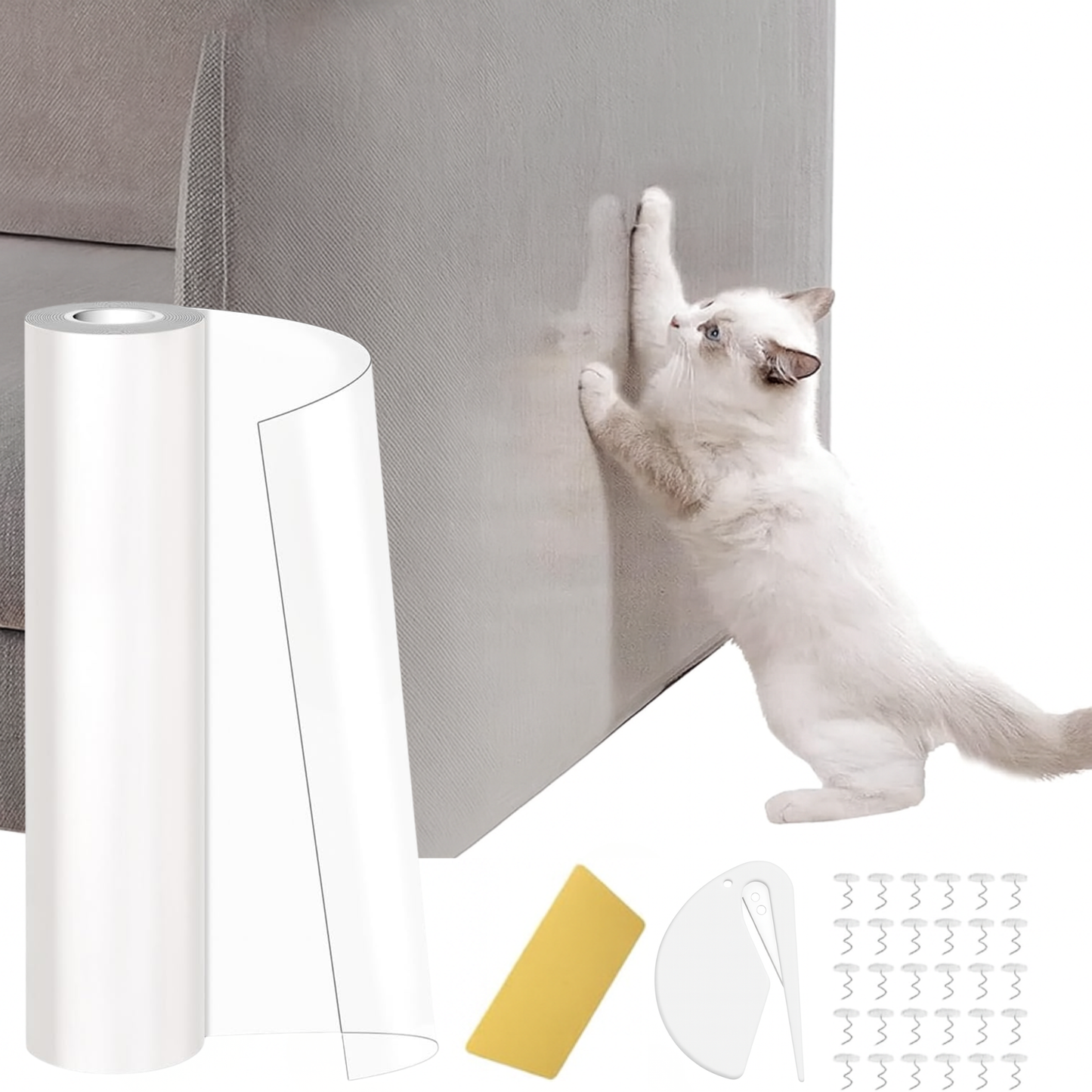 Protector de sofá para gatos y perros transparente XXL 45×500 cm – Película antiarañazos autoadhesiva recortable con kit de montaje