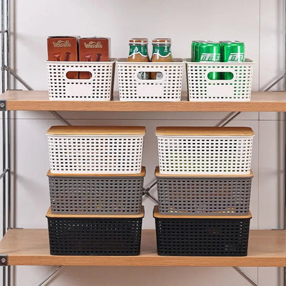 Set de 3 Cajas de Almacenaje con Tapa de Bambú – Plástico Reciclado, Apilables para Hogar y Oficina - Homanage