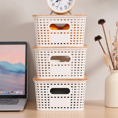 Set de 3 Cajas de Almacenaje con Tapa de Bambú – Plástico Reciclado, Apilables para Hogar y Oficina - Homanage