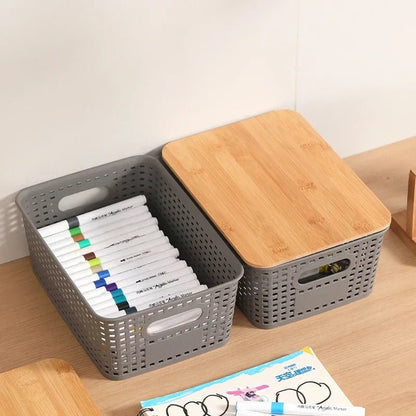 Set de 3 Cajas de Almacenaje con Tapa de Bambú – Plástico Reciclado, Apilables para Hogar y Oficina - Homanage