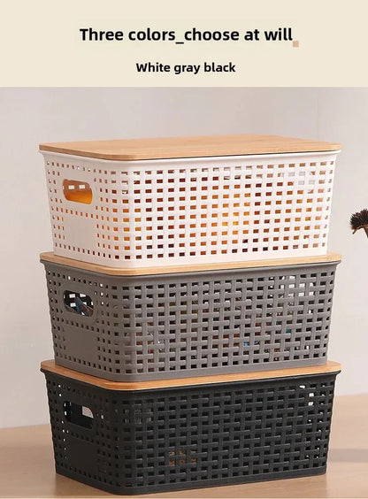 Set de 3 Cajas de Almacenaje con Tapa de Bambú – Plástico Reciclado, Apilables para Hogar y Oficina - Homanage